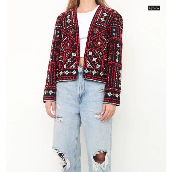 Zara Black Red Embroidered Beaded Open Front Crop Blazer Ethnic Dressy Statement - Picture 2 of 16